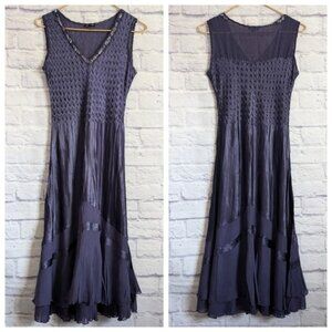 Komarov Satin Chiffon Midi Dress S Midnight Blue Beaded Cocktail Occasion Formal